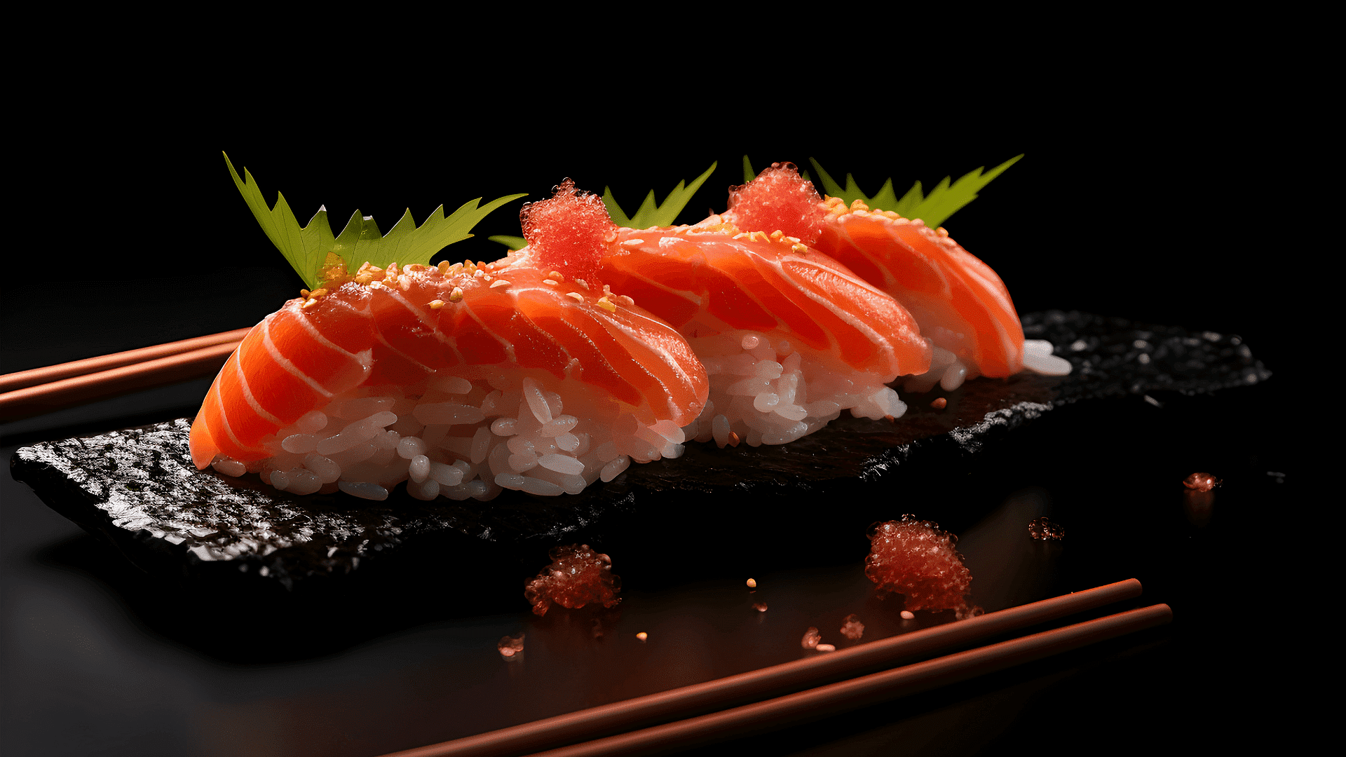 Three pieces of salmon nigiri sushi with garnish on a black slate plate.